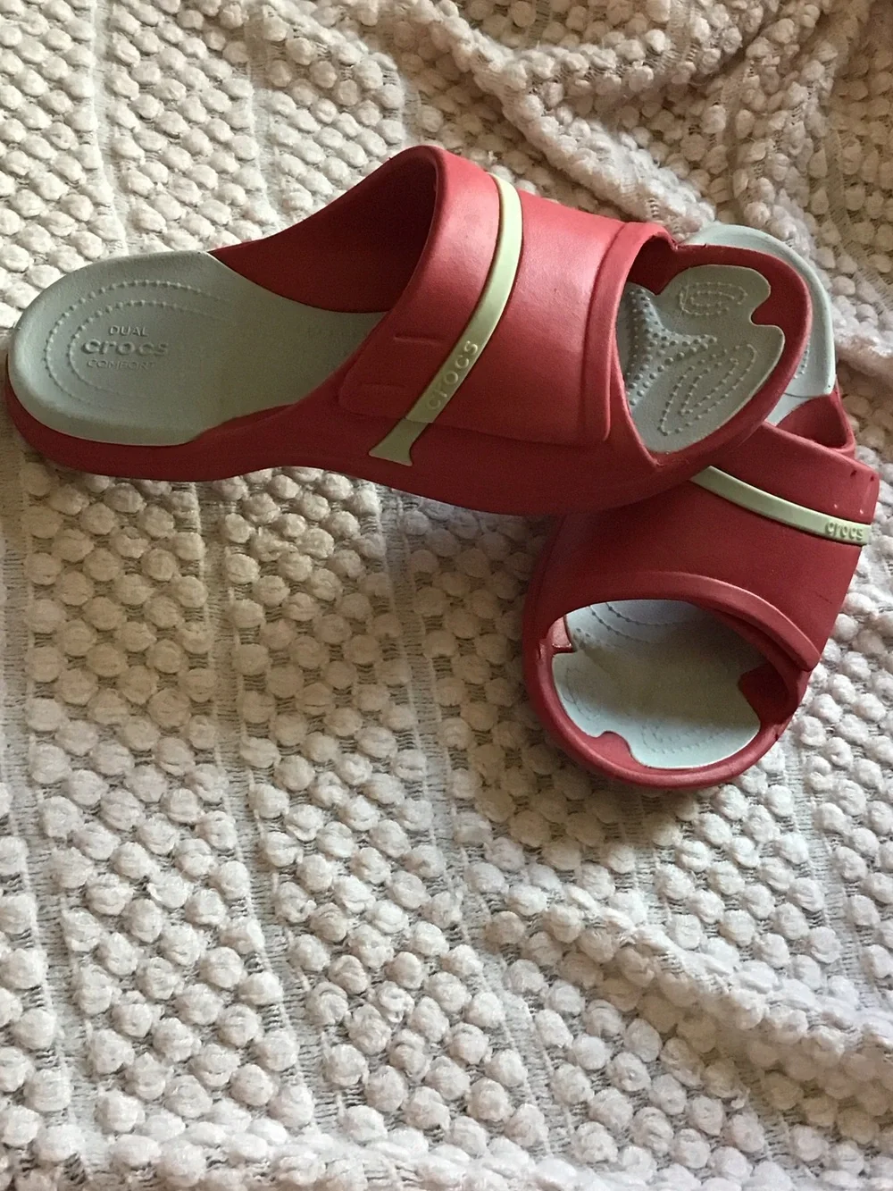 CROCS Women’s red and Light Gray Modi sport Slide Sandals (unisex)